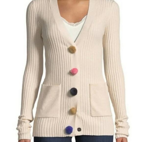 Ribbed neutral cardigan with pom pom snaps size XS NWT - Picture 2 of 11